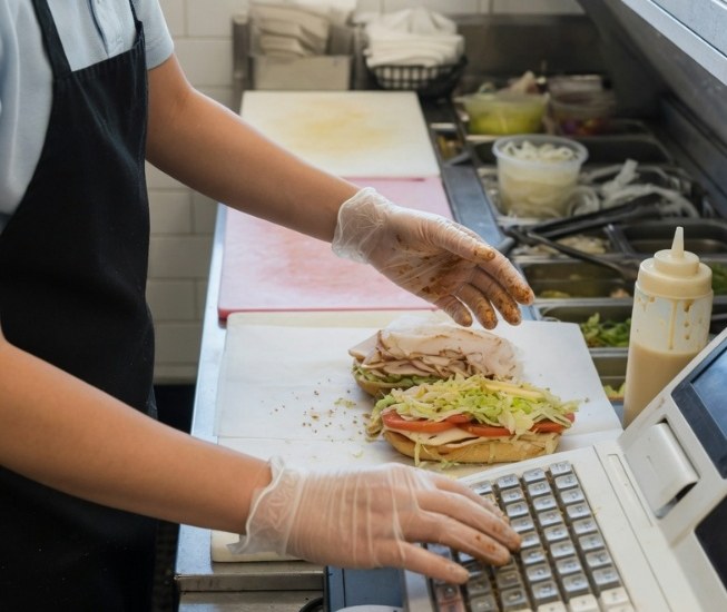 Gloved hands moving between a food prep station and register