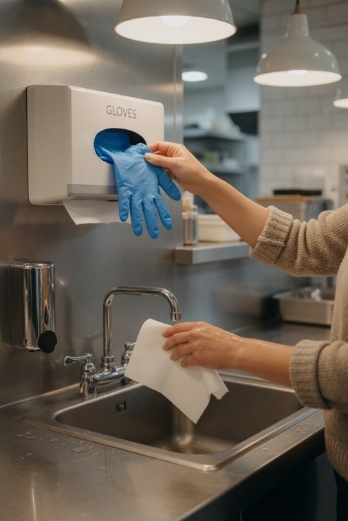 The safest reset is simple: wash hands, dry properly, then put on a fresh pair.